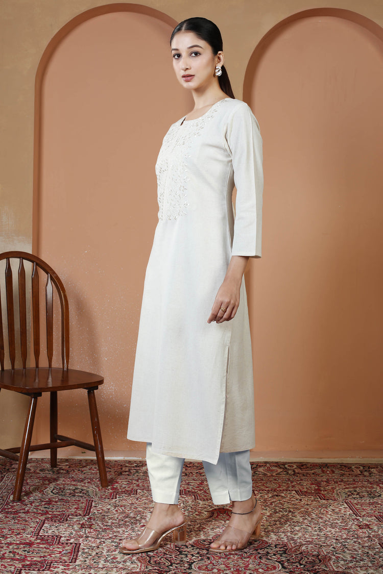 Off White Cotton Embroidered Straight Kurta