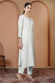 Off White Cotton Embroidered Straight Kurta