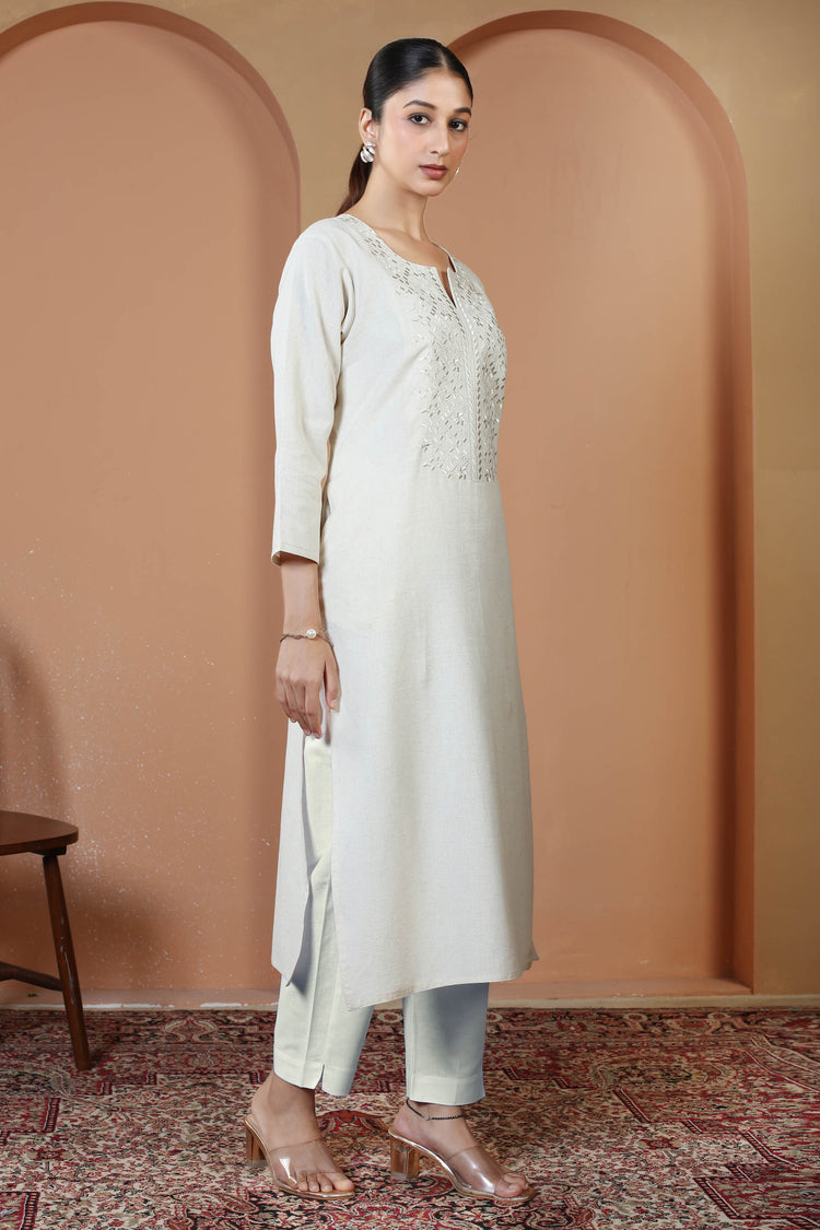 Off White Cotton Embroidered Straight Kurta