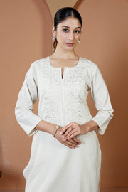 Off White Cotton Embroidered Straight Kurta