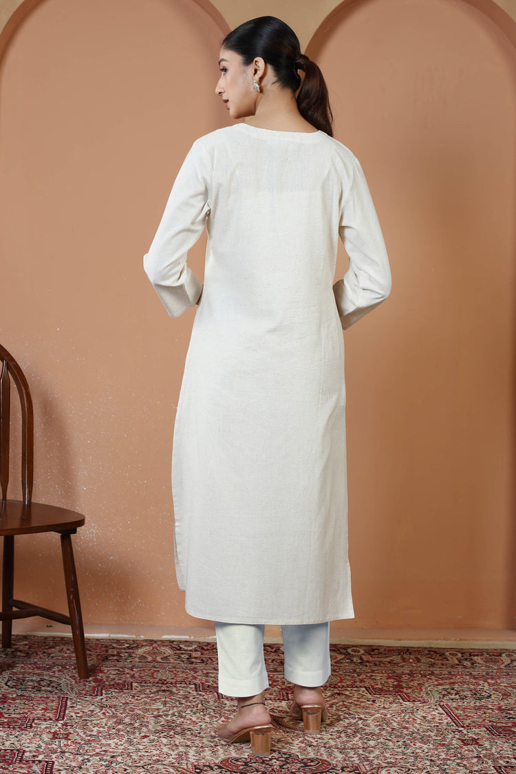 Off White Cotton Embroidered Straight Kurta