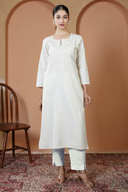 Off White Cotton Embroidered Straight Kurta