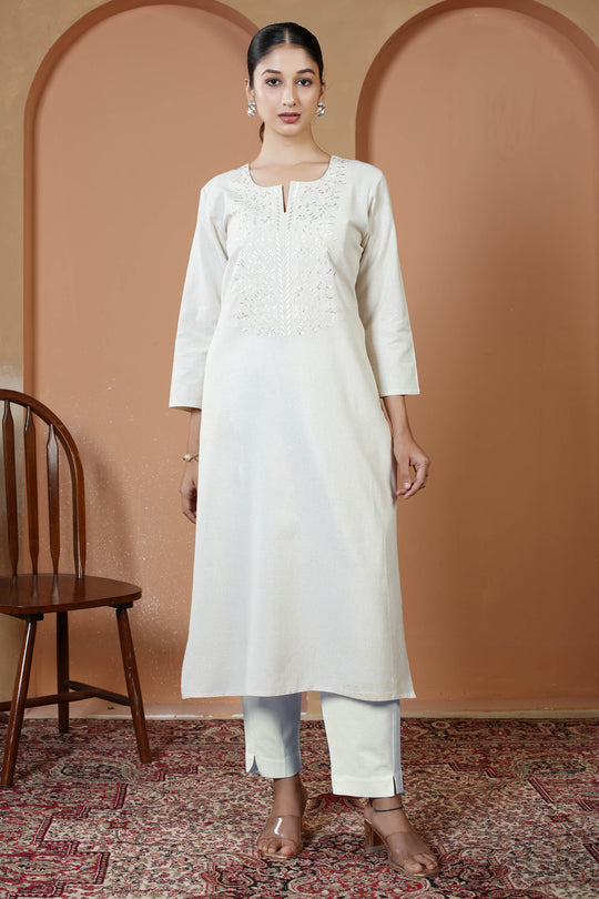 Off White Cotton Embroidered Straight Kurta