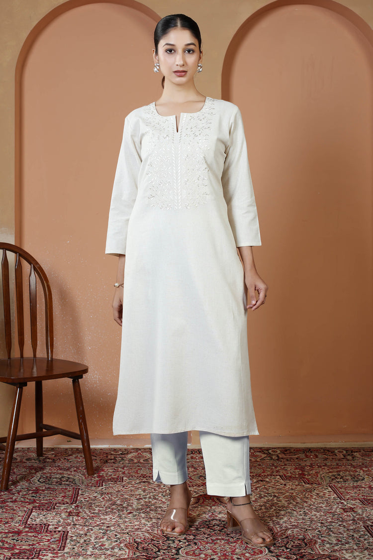 Off White Cotton Embroidered Straight Kurta