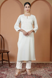 Off White Cotton Embroidered Straight Kurta