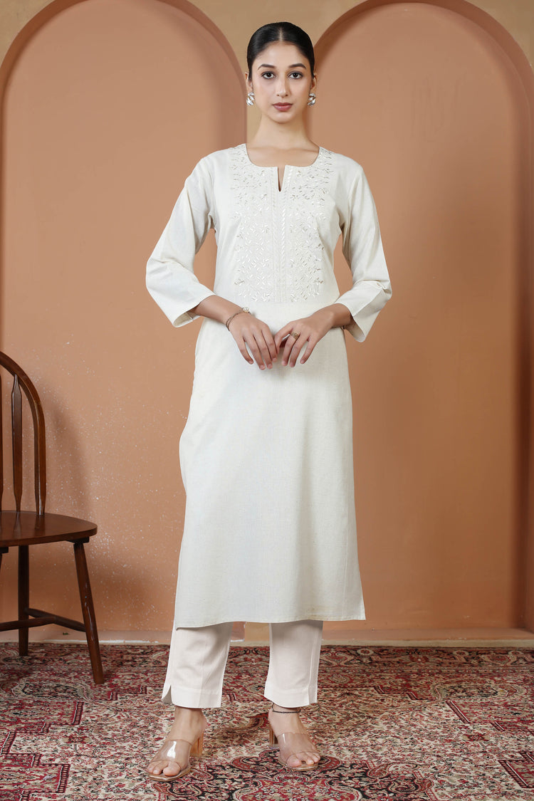 Off White Cotton Embroidered Straight Kurta