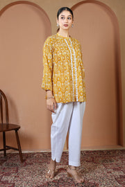 Yellow Printed Relaxed Fit Pure Casual Cotton Short Kurti