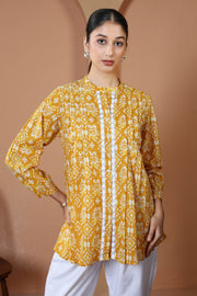Yellow Printed Relaxed Fit Pure Casual Cotton Short Kurti