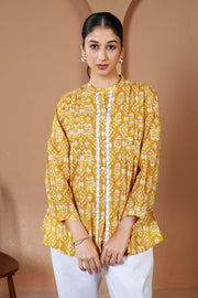Yellow Printed Relaxed Fit Pure Casual Cotton Short Kurti