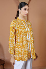 Yellow Printed Relaxed Fit Pure Casual Cotton Short Kurti