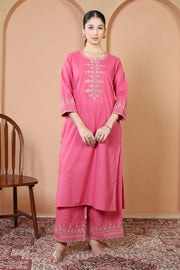 Pink Floral Embroidered Pure Cotton Ethnic Co-Ord Set