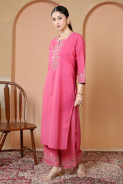 Pink Floral Embroidered Pure Cotton Ethnic Co-Ord Set