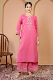 Pink Floral Embroidered Pure Cotton Ethnic Co-Ord Set