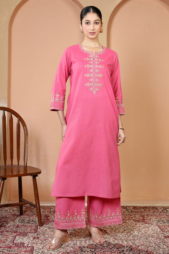 Pink Floral Embroidered Pure Cotton Ethnic Co-Ord Set