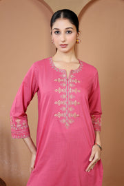 Pink Floral Embroidered Pure Cotton Ethnic Co-Ord Set
