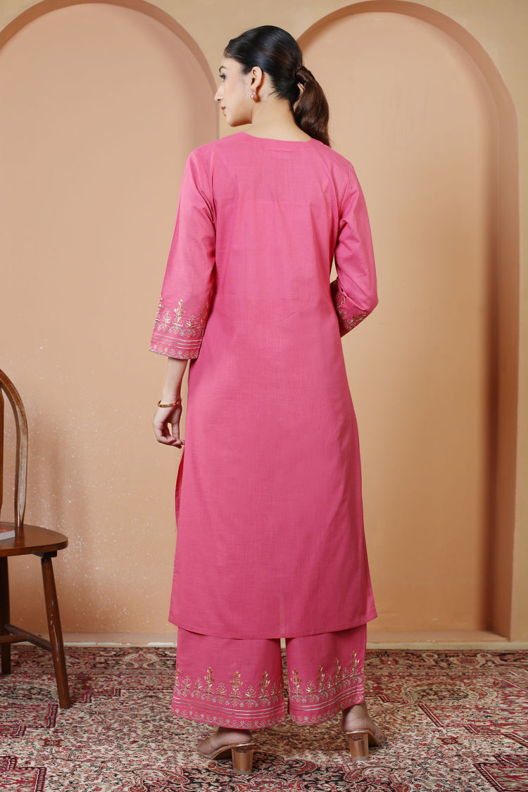 Pink Floral Embroidered Pure Cotton Ethnic Co-Ord Set