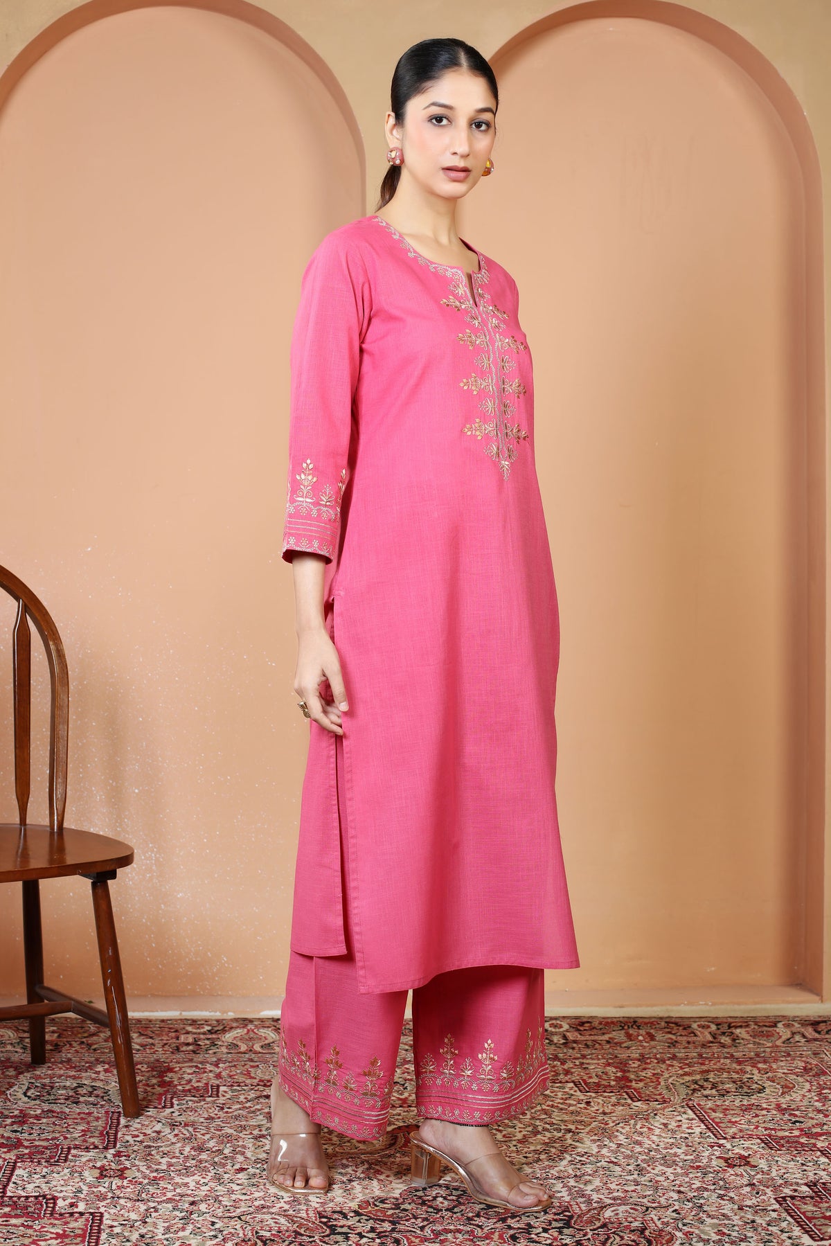 Pink Floral Embroidered Pure Cotton Ethnic Co-Ord Set