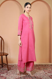 Pink Floral Embroidered Pure Cotton Ethnic Co-Ord Set