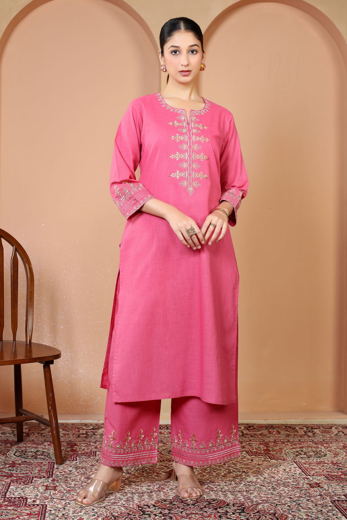 Pink Floral Embroidered Pure Cotton Ethnic Co-Ord Set