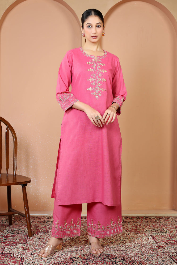 Pink Floral Embroidered Pure Cotton Ethnic Co-Ord Set