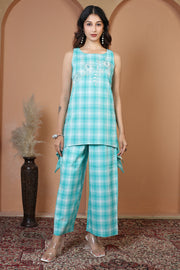 Turquoise Pure Cotton Embroidered Check Co-Ord Set
