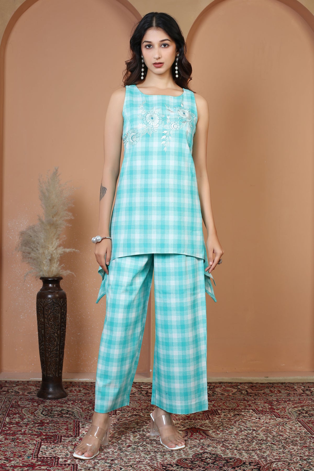 Turquoise Pure Cotton Embroidered Check Co-Ord Set