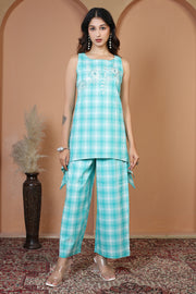 Turquoise Pure Cotton Embroidered Check Co-Ord Set