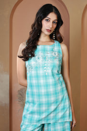 Turquoise Pure Cotton Embroidered Check Co-Ord Set