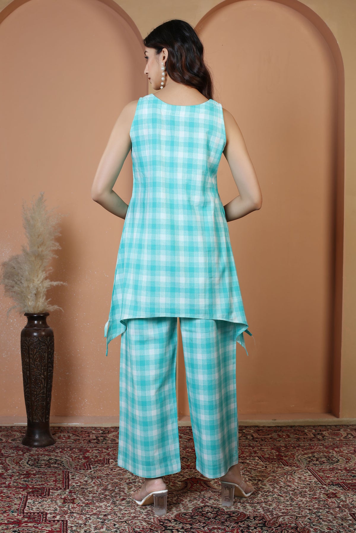 Turquoise Pure Cotton Embroidered Check Co-Ord Set