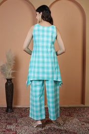 Turquoise Pure Cotton Embroidered Check Co-Ord Set