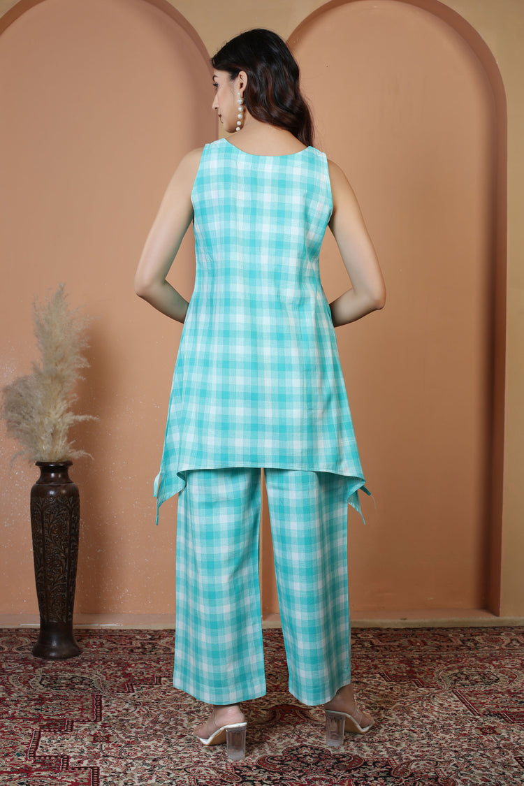 Turquoise Pure Cotton Embroidered Check Co-Ord Set
