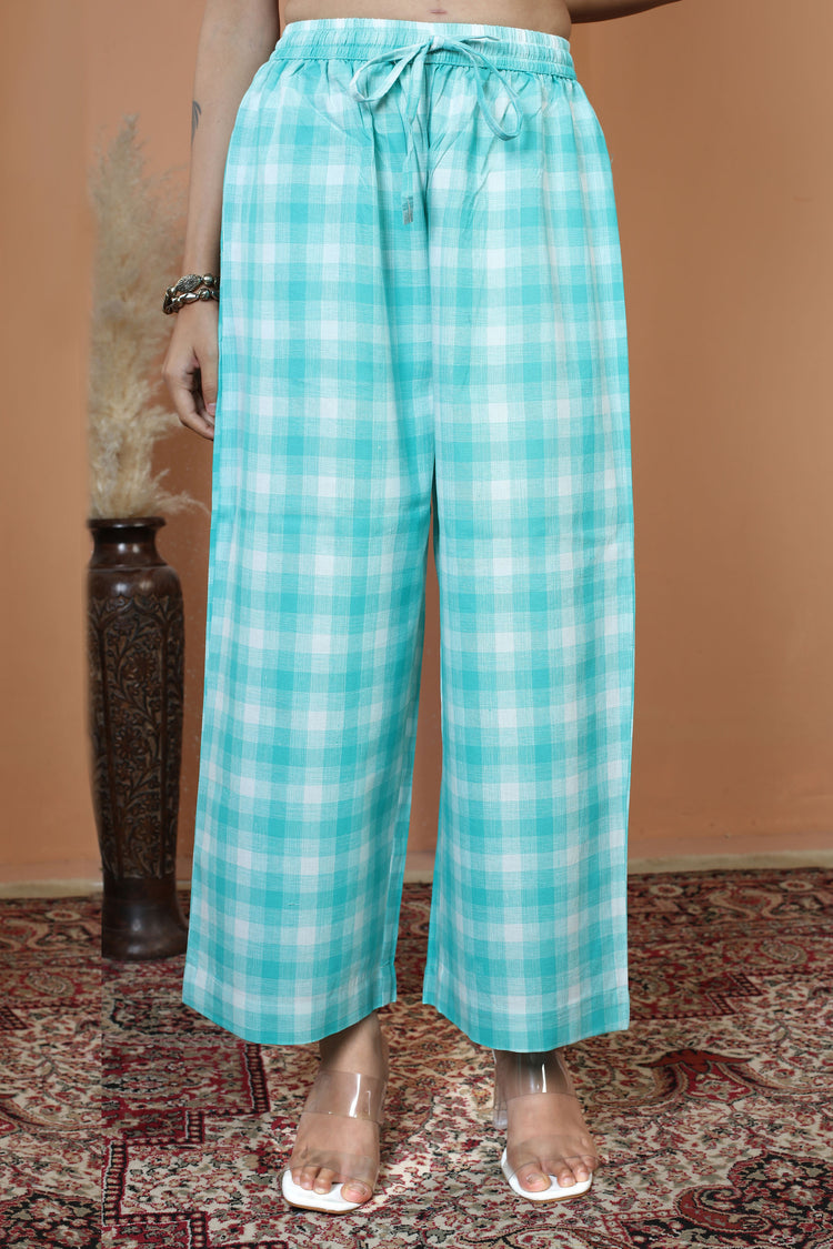 Turquoise Pure Cotton Embroidered Check Co-Ord Set