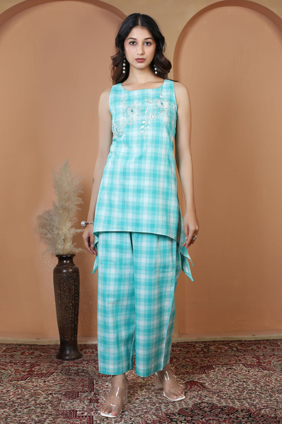 Turquoise Pure Cotton Embroidered Check Co-Ord Set
