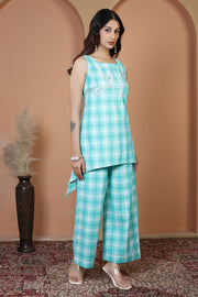 Turquoise Pure Cotton Embroidered Check Co-Ord Set
