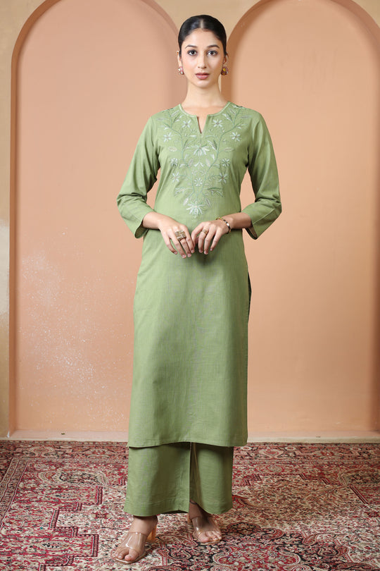 Light Olive Green Floral Embroidered Pure Cotton Ethnic Co-Ord Set