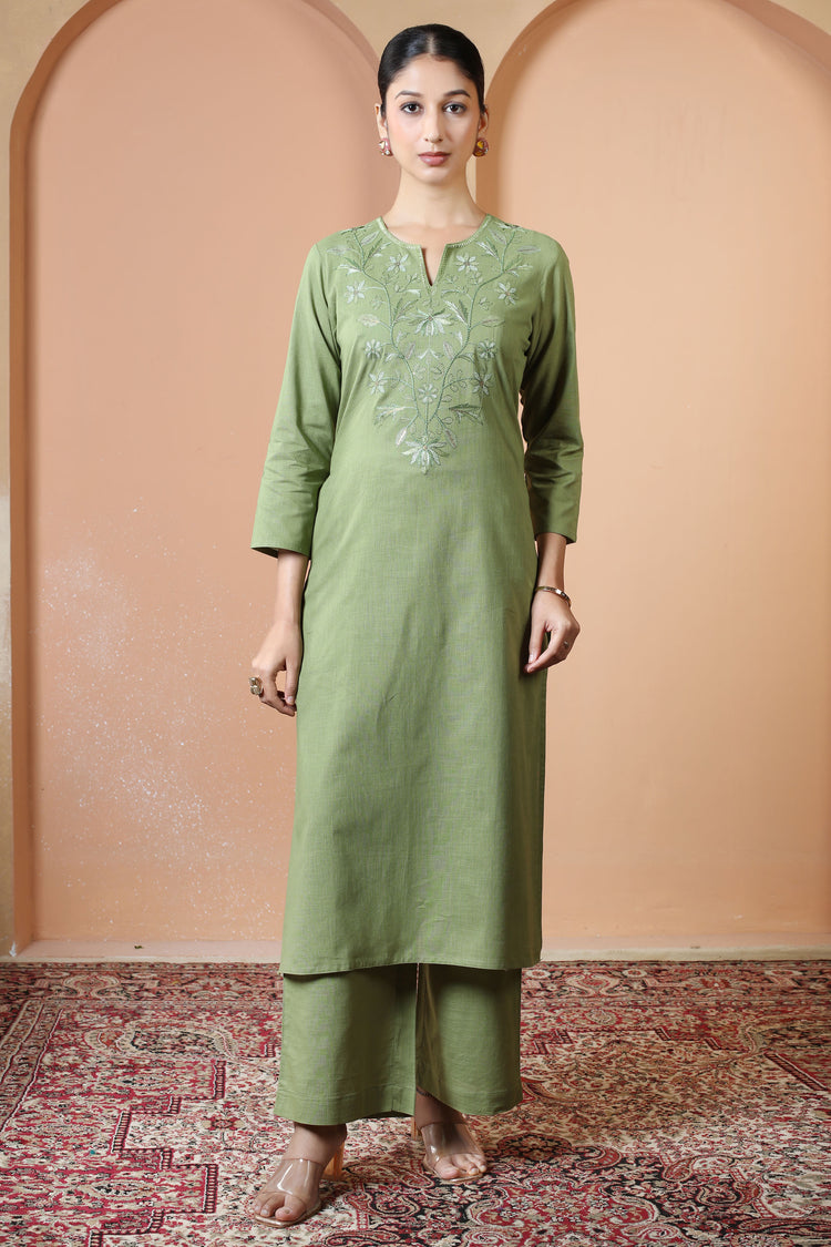Light Olive Green Floral Embroidered Pure Cotton Ethnic Co-Ord Set