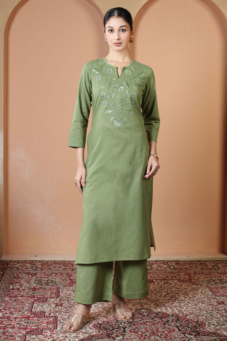 Light Olive Green Floral Embroidered Pure Cotton Ethnic Co-Ord Set