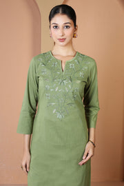 Light Olive Green Floral Embroidered Pure Cotton Ethnic Co-Ord Set