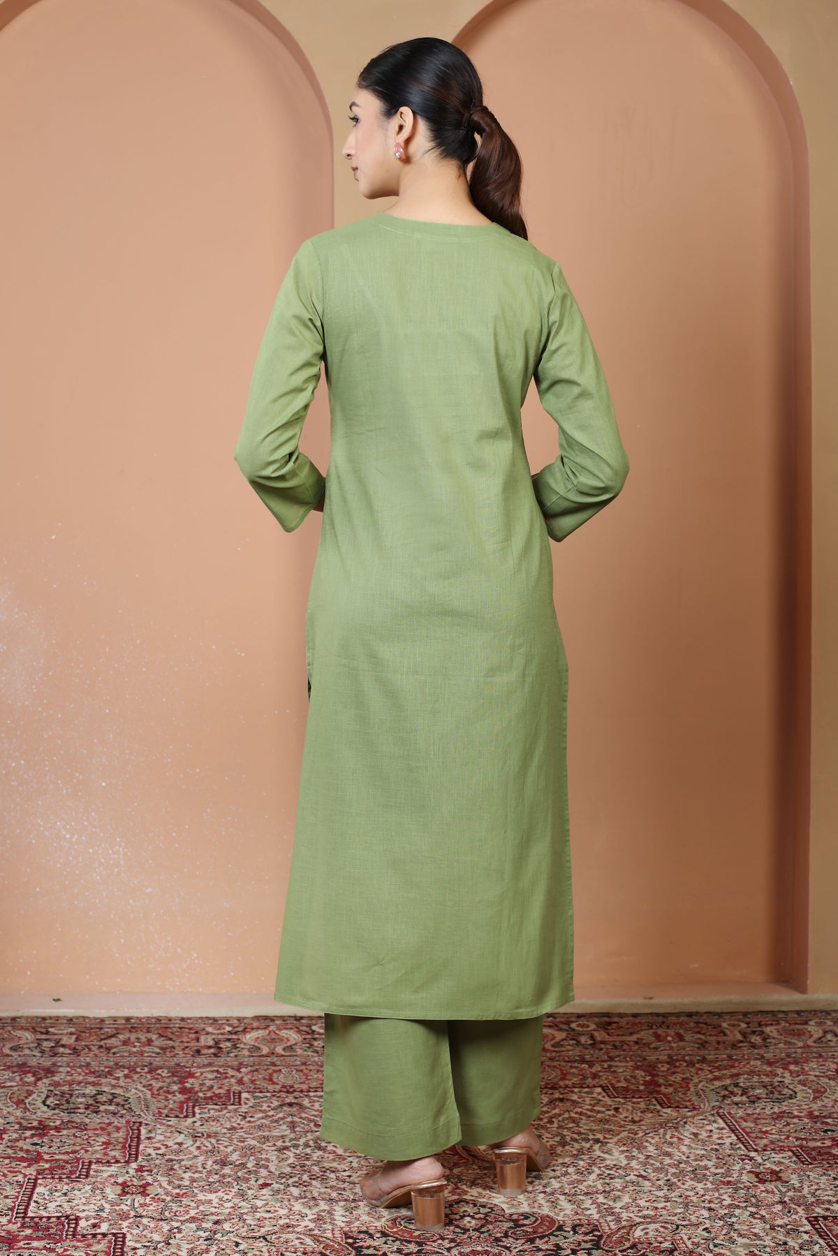 Light Olive Green Floral Embroidered Pure Cotton Ethnic Co-Ord Set