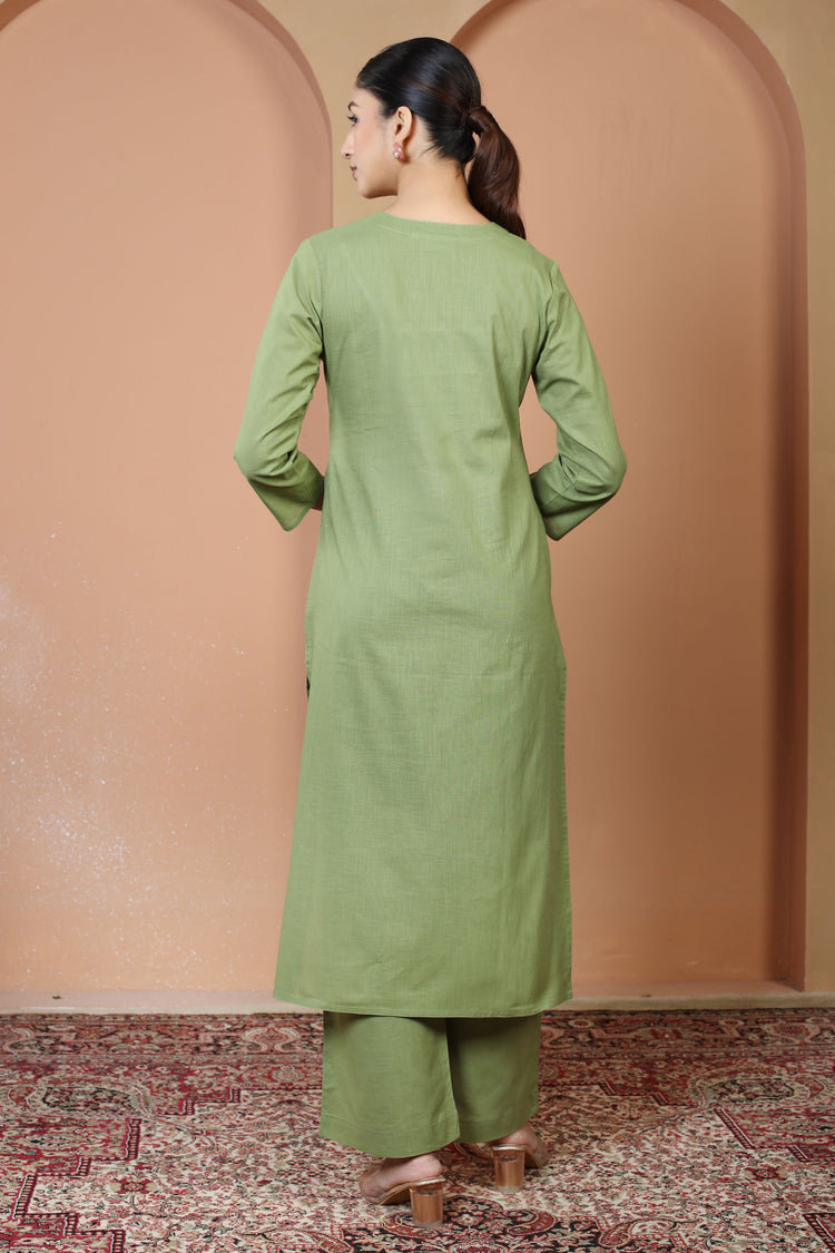 Light Olive Green Floral Embroidered Pure Cotton Ethnic Co-Ord Set