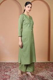 Light Olive Green Floral Embroidered Pure Cotton Ethnic Co-Ord Set