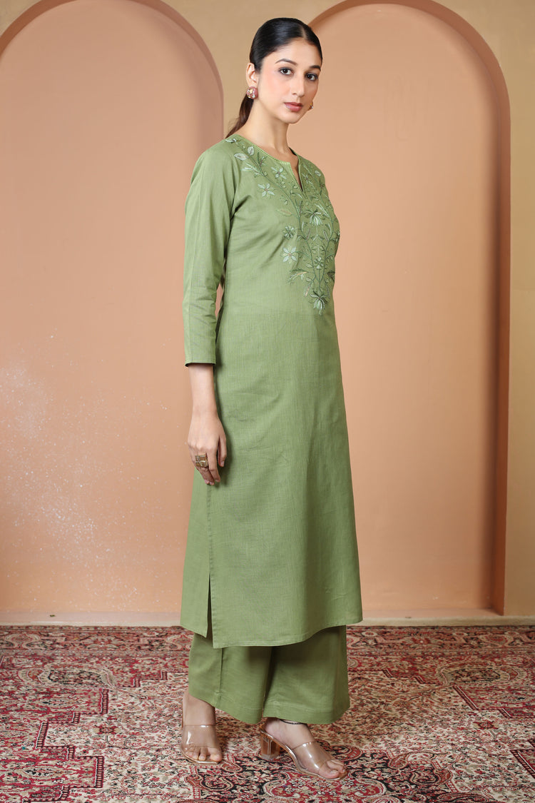 Light Olive Green Floral Embroidered Pure Cotton Ethnic Co-Ord Set