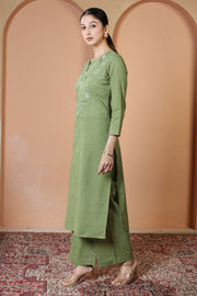 Light Olive Green Floral Embroidered Pure Cotton Ethnic Co-Ord Set