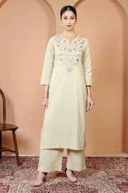 Beige Pure Cotton Embroidered Straight Kurta Wide Leg Pants Co-Ord Set