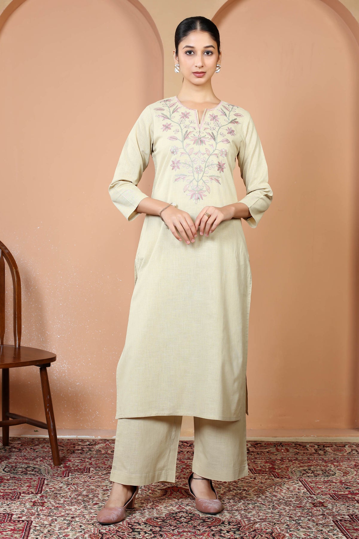 Beige Pure Cotton Embroidered Straight Kurta Wide Leg Pants Co-Ord Set