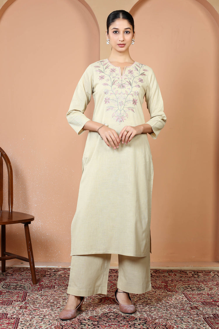 Beige Pure Cotton Embroidered Straight Kurta Wide Leg Pants Co-Ord Set
