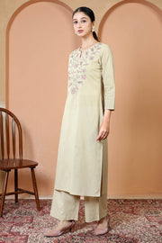 Beige Pure Cotton Embroidered Straight Kurta Wide Leg Pants Co-Ord Set