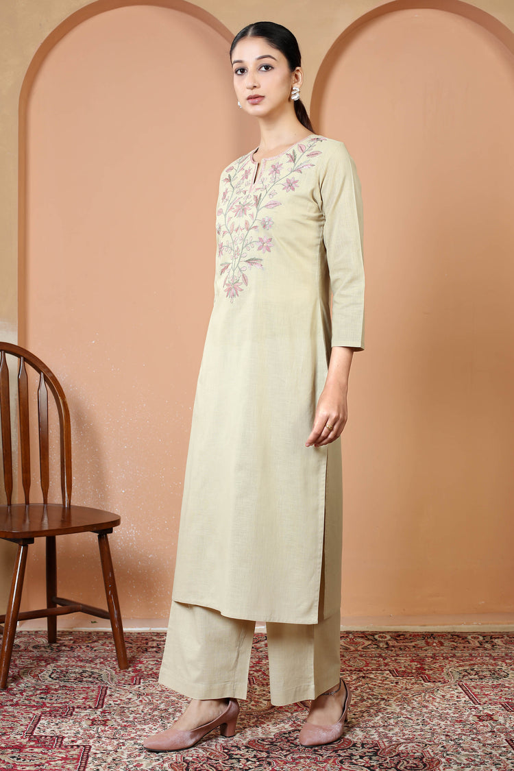 Beige Pure Cotton Embroidered Straight Kurta Wide Leg Pants Co-Ord Set