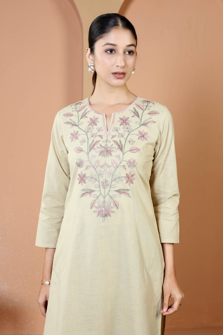 Beige Pure Cotton Embroidered Straight Kurta Wide Leg Pants Co-Ord Set