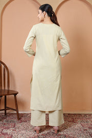 Beige Pure Cotton Embroidered Straight Kurta Wide Leg Pants Co-Ord Set